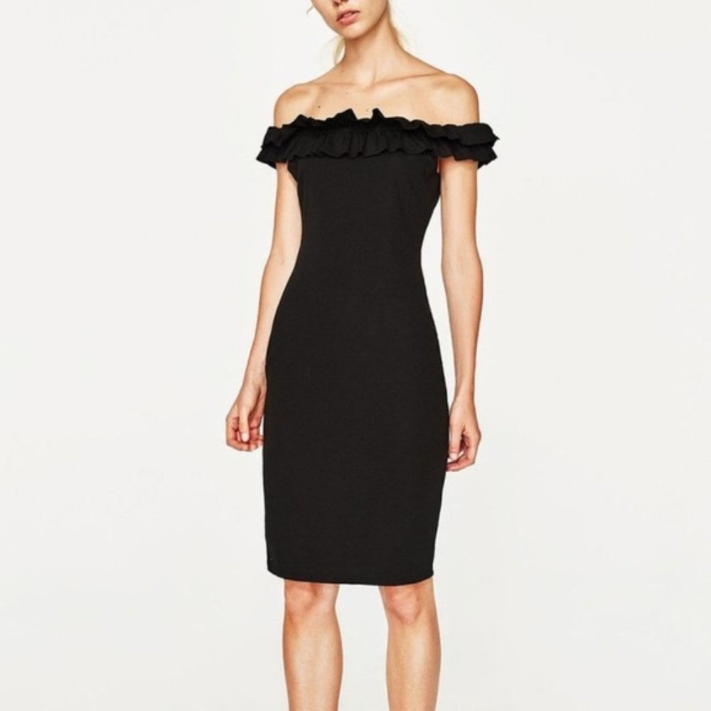 ZARA Black Off Shoulder Ruffle Dress Sz S